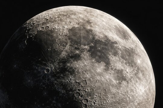 Sharp close view of moon craters against pitch black sky taken from terrestrial vantage point