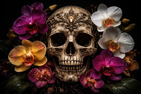 Elaborately decorated human skull encircled by colorful orchids with a deep black background expressing life and death themes