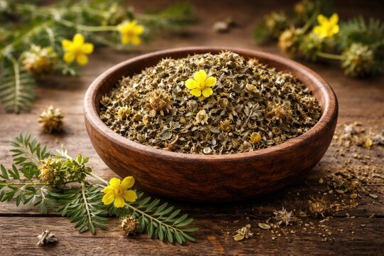 Wooden bowl filled with dried Tribulus terrestris leaves and flowers illustrating herbal healing practices