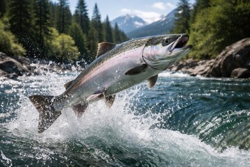 Obraz premium Active silver salmon bursting from crystal clear water with splash