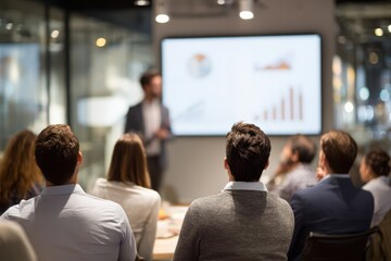 Fototapeta premium Entrepreneurs presenting business plan pitch to serious investors panel in elegant boardroom with financial charts and graphs projected on screen, fundraising and venture capital investment concept.