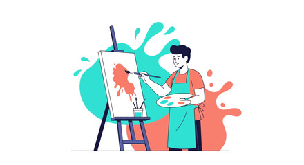 Obraz premium Artist painting on canvas with colorful paint splashes, creative hobby concept