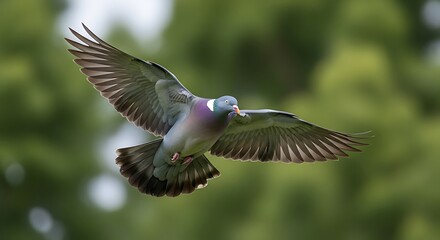 Fototapeta premium Graceful Pigeon Flying with Spread Wings Against Blurred Green Trees
