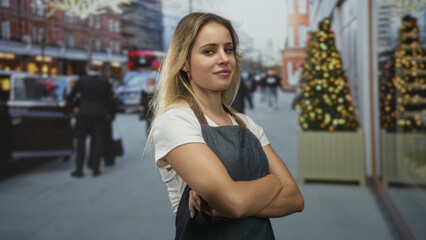 Woman with arms crossed wearing denim apron stands smiling in front of shop window decorated with christmas tree and lights on a busy city street  confidence. © Krakenimages.com