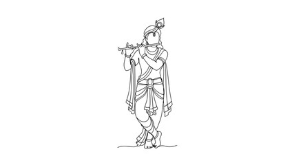 Obraz premium Intricate line art depiction of a mythological character playing a flute with detailed traditional attire and accessories