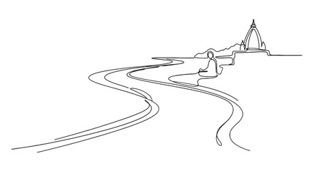 Obraz premium Minimalist Line Drawing of Serene Riverside Scene with Temple and Curving Pathways