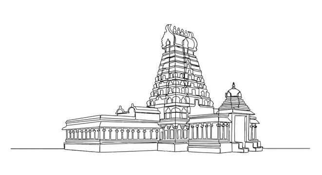 Line Drawing of a Traditional South Asian Temple with intricate architectural details and layered spires in a minimalist black