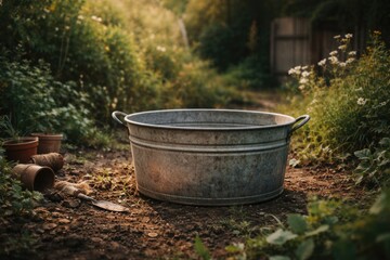 Fototapeta premium Rustic aluminum container positioned in an untidy garden environment featuring broad copy space for serene vibes