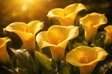 Obraz premium Radiant yellow calla flowers opening fully in warm sunlight