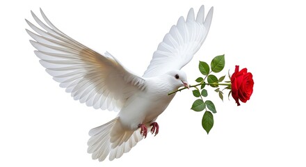 Fototapeta premium White Dove Flying with Red Rose Flower in Beak - Symbol of Peace and Love