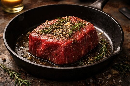 Seasoned raw beef fillet placed in a pan over rustic iron surface awaiting roasting