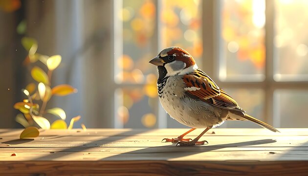 A small house sparrow stands on a wooden surface, bathed in warm sunlight filtering through a window with autumn foliage visible outside, evoking a peaceful, natural atmosphere.