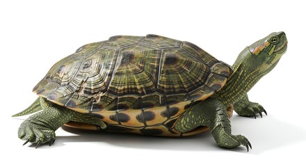 Obraz premium Red-eared slider turtle standing on a white background, studio shot