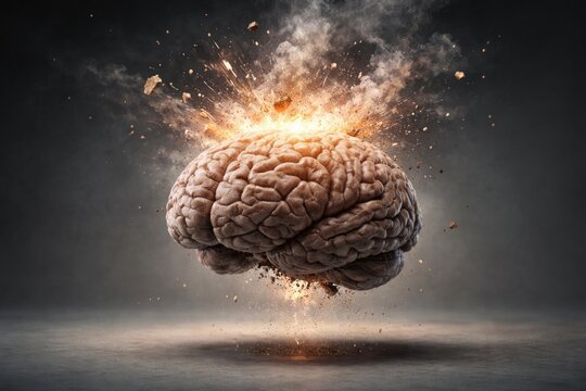 Mind blown concept shown by a human brain hovering over a muted gray surface