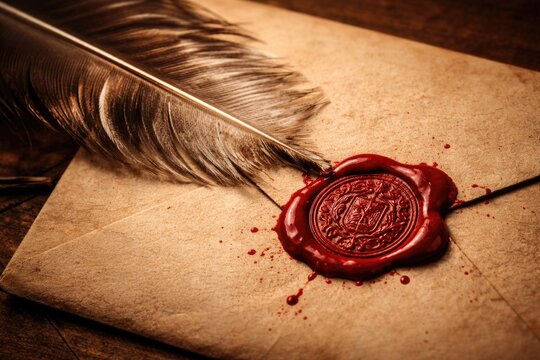 Macro shot of feather and red seal wax on a vintage envelope