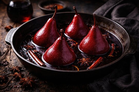 Sweet pears gently simmered in red wine with a moody dark backdrop