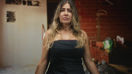 Naklejka premium Woman middle age female with bare shoulders smiling with closed eyes and slight head tilt, wearing strapless black top in building; contentment.