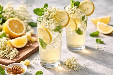 Fototapeta premium Summer lemonade presentation with elderflower garnish and lemon wedges on a matte light grey background optimal for drink marketing
