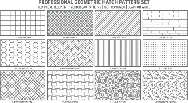 Professional geometric hatch pattern set featuring twelve technical blueprint vector cad patterns in high contrast black and white line art