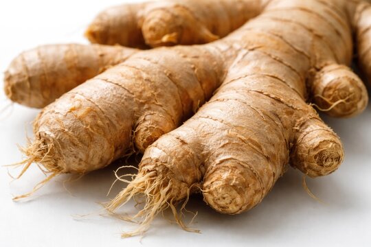 Macro shot of ginger root displaying rough skin and root fibers on white background