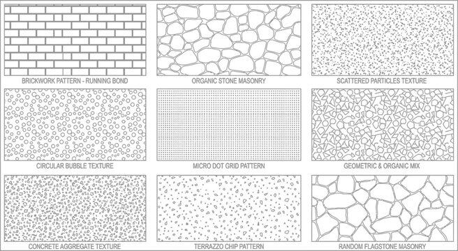 Collection of architectural texture swatches featuring brickwork masonry and stone patterns with organic shapes and geometric dot grids for professional graphic design projects