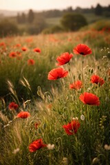 Obraz premium Wild poppy field red flowers tall grass Tuscany countryside vertical landscape