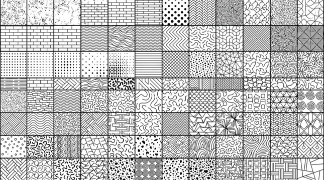 Professional library of assorted monochrome geometric and organic texture swatches for architectural drafting and modern graphic design projects featuring varied styles