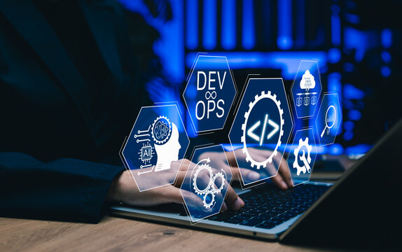 DevOps automation and AI software development concept. Programmer using laptop with coding icons, cloud data system, gears, analytics, deployment workflow, integration, monitoring, digital innovation