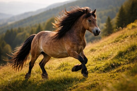 Stunning hucul pony trotting happily along a grassy hillside