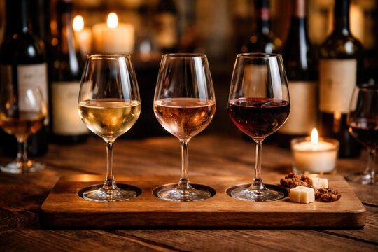 Stylish wine flight arrangement presenting three varied glasses on a wooden tasting board amid a welcoming cozy setting with wine bottles