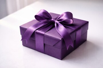 Obraz premium Purple gift package with tied ribbon displayed on white surface