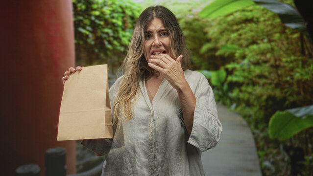 Woman holding paper bag with left hand, right hand to mouth, grimace and closed eyes on a leafy walkway by a column in building; disgust food rejection.