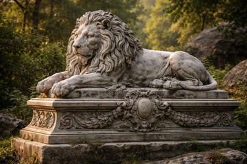 Fototapeta premium Sculpted stone lion resting on artistically designed base with natural backdrop