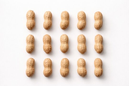 Single peanuts arranged neatly on a white minimal background