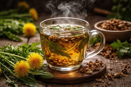 Steaming glass cup filled with dandelion root and leaf tea blend