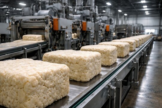 Raw material processing of natural rubber bales moving through an automated conveyor system in factory