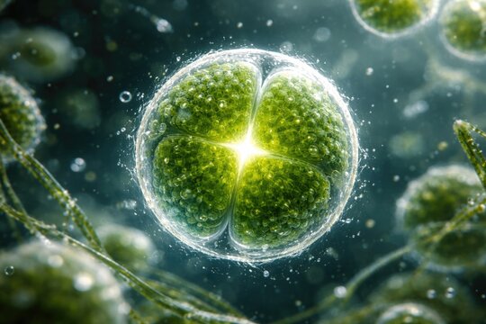 Close-up microscopic study of single Protococcus algal cell morphology