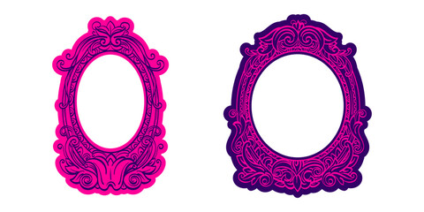 Antique oval mirror frame featuring intricate baroque ornament and royal heraldic motif. Vector collection ideal for elegant gallery walls or whimsical princess decor. Hand drawn color set © Yauheniya_Bandaruk