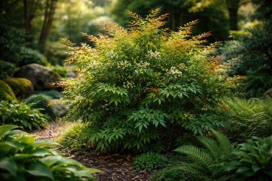 Sacred bamboo shrub growing in lush garden environment
