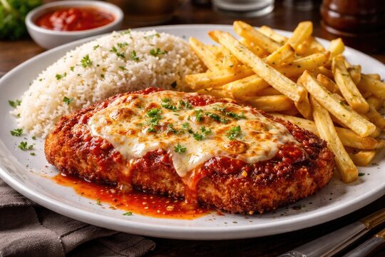 Tender filet parmegiana steak plated with steamed rice and perfectly cooked fries