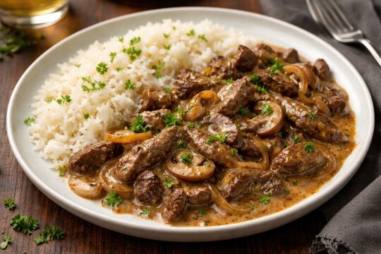 Hearty herbed beef stroganoff accompanied by fluffy rice presented on white ceramic plate