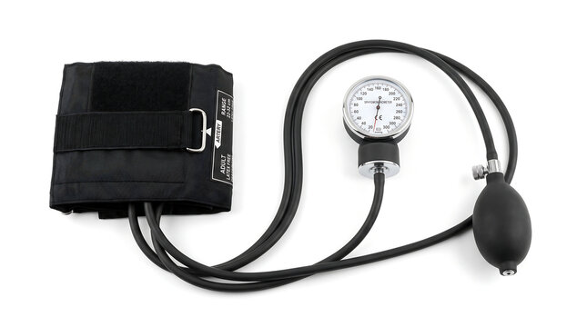 Medical device for measuring blood pressure - a sphygmomanometer with cuff, gauge, and bulb, isolated on white