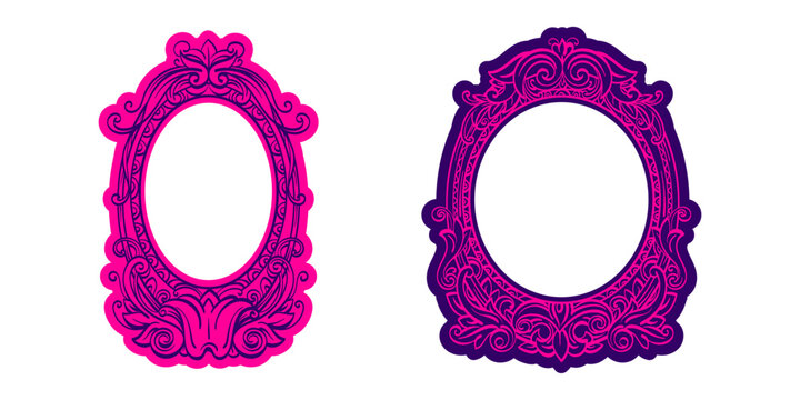 Antique oval mirror frame featuring intricate baroque ornament and royal heraldic motif. Vector collection ideal for elegant gallery walls or whimsical princess decor. Hand drawn color set