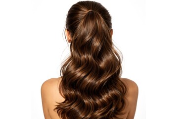 Naklejka premium Rear perspective of brown wavy hair flowing in ponytail demonstrating shine on white backdrop