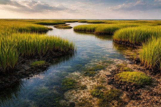 Wide perspective of tidal pool waters with dense salt marsh cordgrass growth