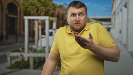 Fototapeta premium Man with hand to mouth and wide eyes on an urban street in yellow polo shirt near building facades and planters; surprise vulnerability.
