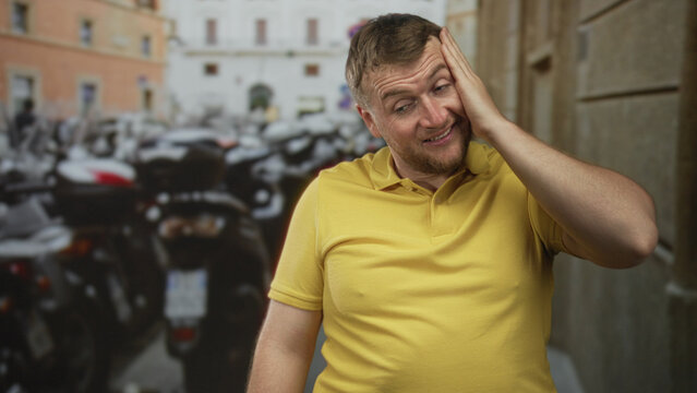 Man rubbing neck with hand on a busy street beside parked scooters, looking sideways with a shy grin; sheepish embarrassed smile.