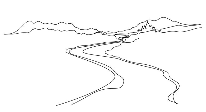 Minimalist Line Drawing of Serene River Flowing Through Mountain Landscape with Subtle Horizon and Natural Terrain