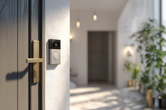 Modern entryway with smart lock and discreet facial recognition camera showcasing home security technology and intelligent access control for contemporary residential safety automation concept.