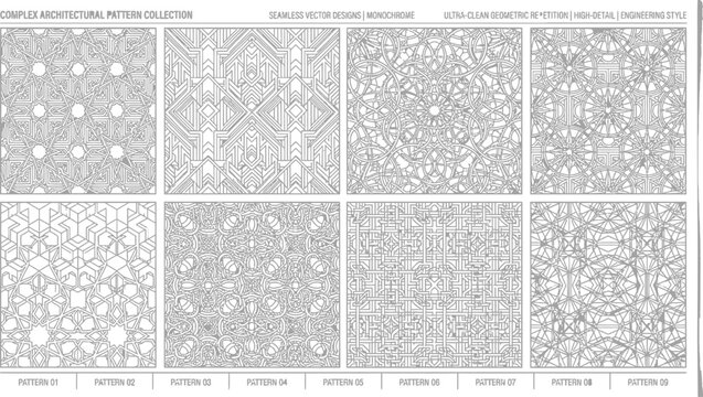 Collection of complex geometric seamless architectural patterns in monochrome vector style suitable for decorative facades and high end interior design wall panels